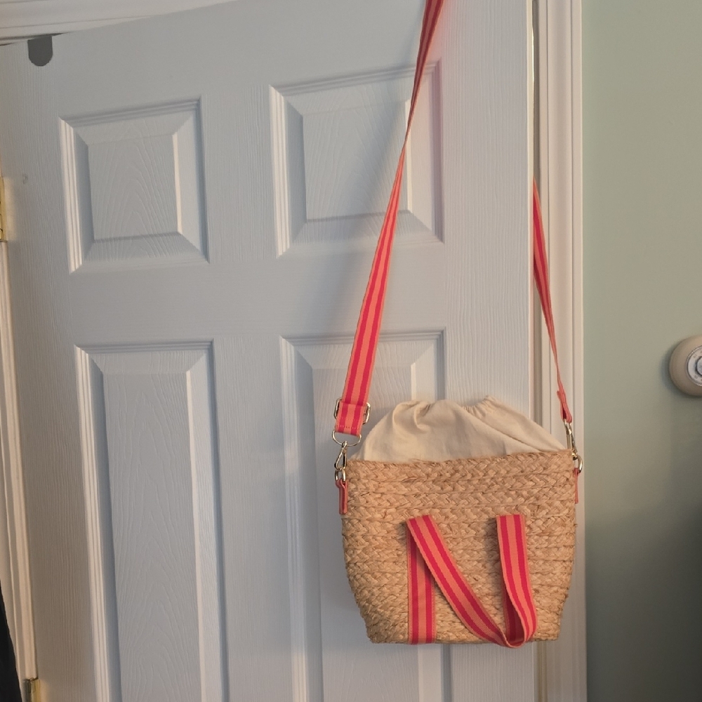 Straw Woven Crossbody Bag with Pink-Red Striped Strap